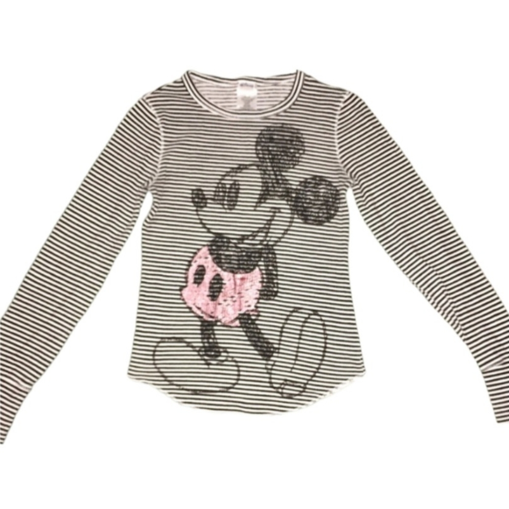 Disney Micky Mouse Top Waffle Knit Black White Striped Girls Size Medium Shirt - Picture 2 of 6